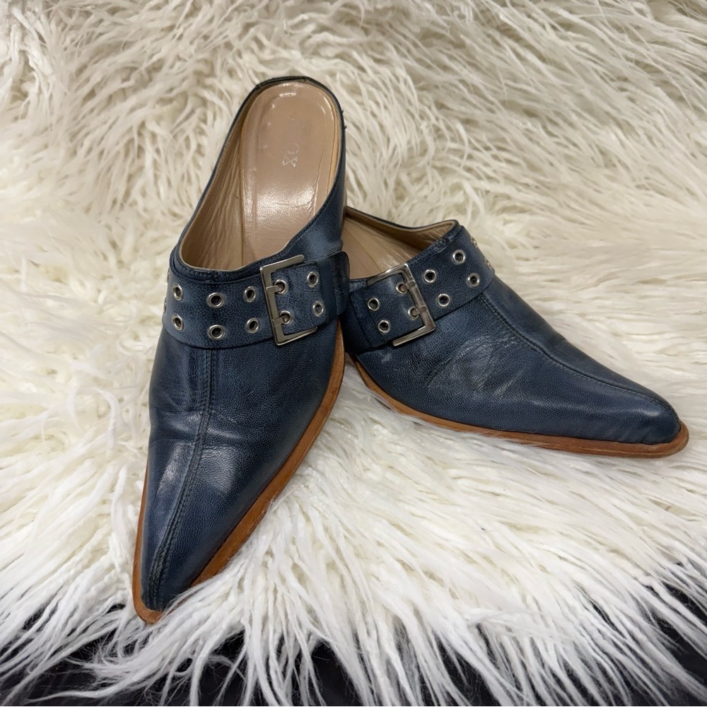 Vtg Ekox Made In Italy Blue Leather Mules Slip on Glam Rocker Euro Chic Y2K 37/7